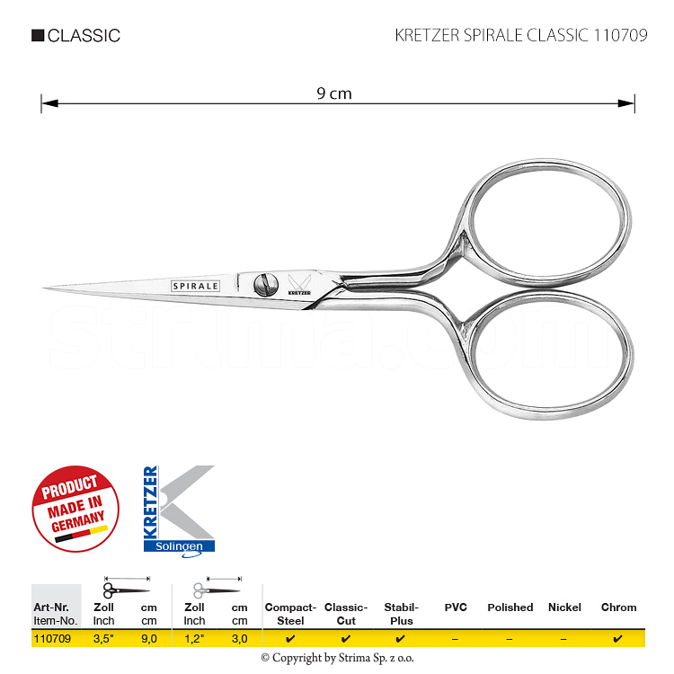 kretzer spirale classic 110709 scissors for threads and embroidery length 3 5 9 cm slim blades extra fine point chrome plated